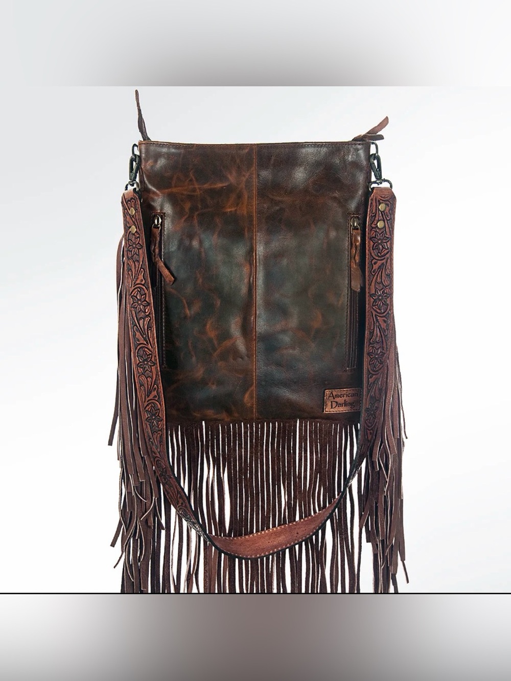 Western darling Turquoise Fringe Crossbody Bag with Tooled Leather Strap - Picture 3 of 4